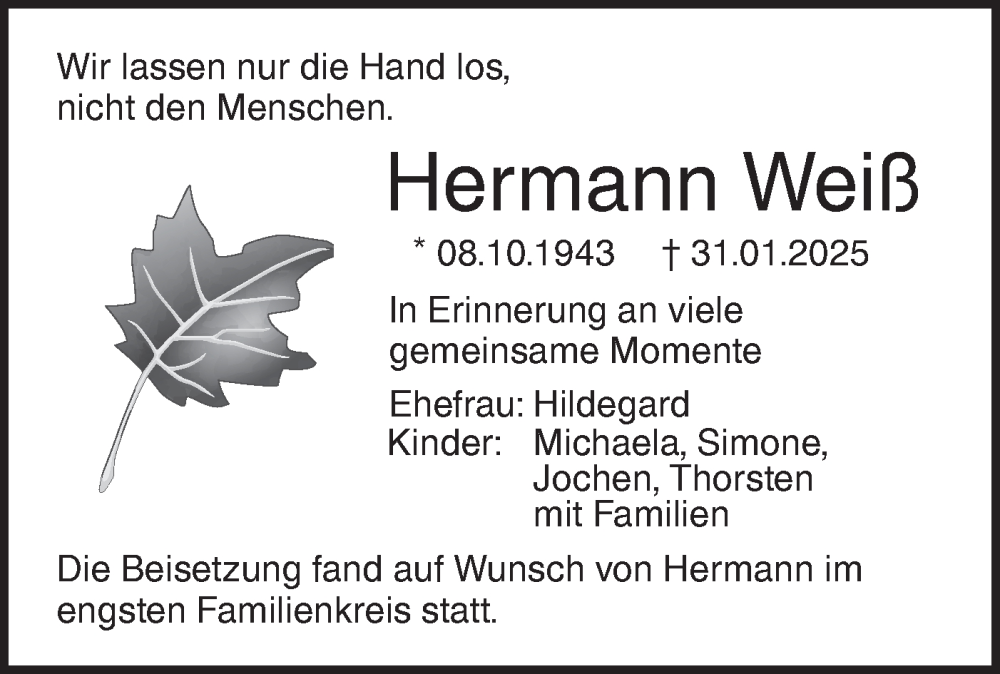  Traueranzeige für Hermann Weiß vom 15.02.2025 aus SÜDWEST PRESSE Ausgabe Ulm/Neu-Ulm