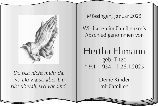 Traueranzeige von Hertha Ehmann von Schwäbische Tagblatt