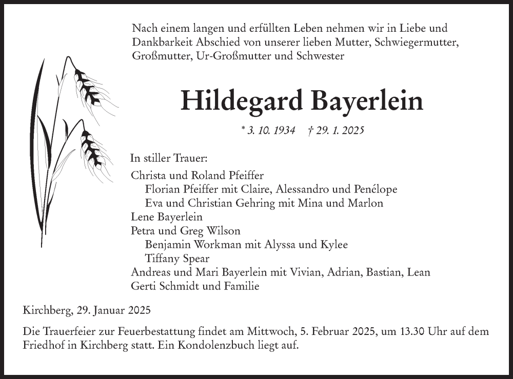  Traueranzeige für Hildegard Bayerlein vom 01.02.2025 aus Hohenloher Tagblatt