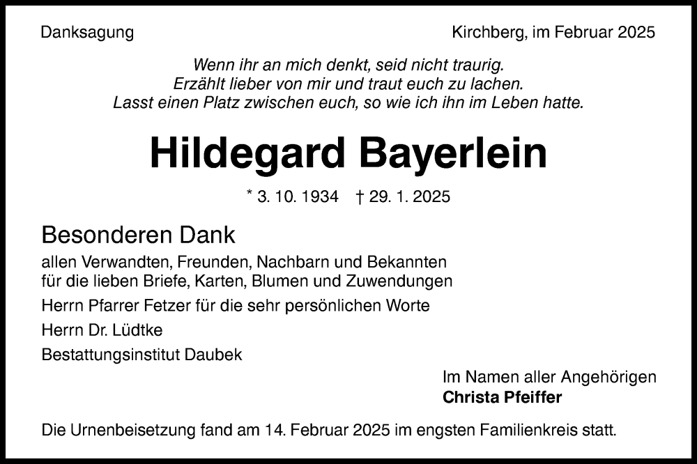  Traueranzeige für Hildegard Bayerlein vom 15.02.2025 aus Hohenloher Tagblatt
