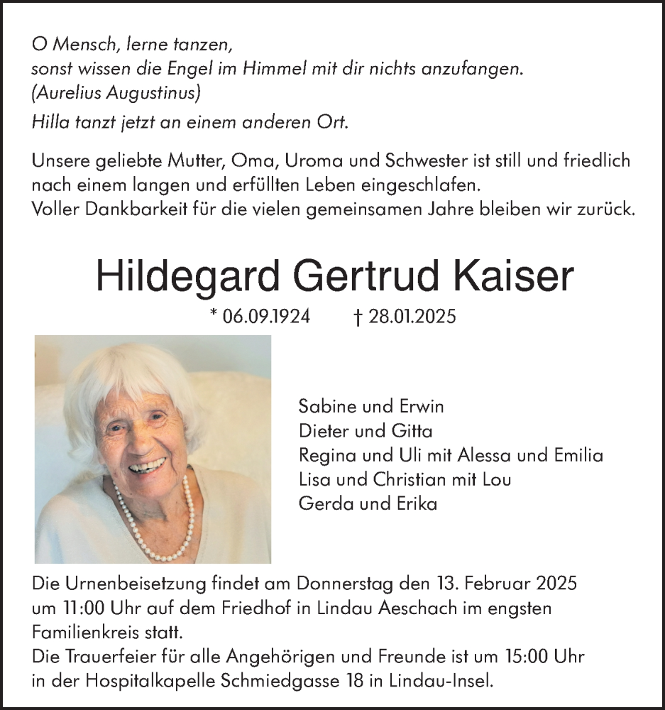  Traueranzeige für Hildegard Gertrud Kaiser vom 01.02.2025 aus SÜDWEST PRESSE Ausgabe Ulm/Neu-Ulm