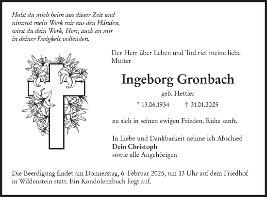 Traueranzeige von Ingeborg Gronbach von Hohenloher Tagblatt