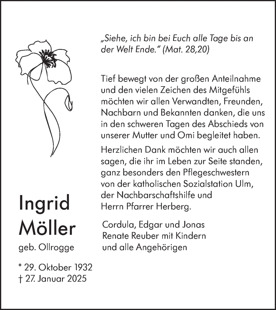  Traueranzeige für Ingrid Möller vom 22.02.2025 aus SÜDWEST PRESSE Ausgabe Ulm/Neu-Ulm