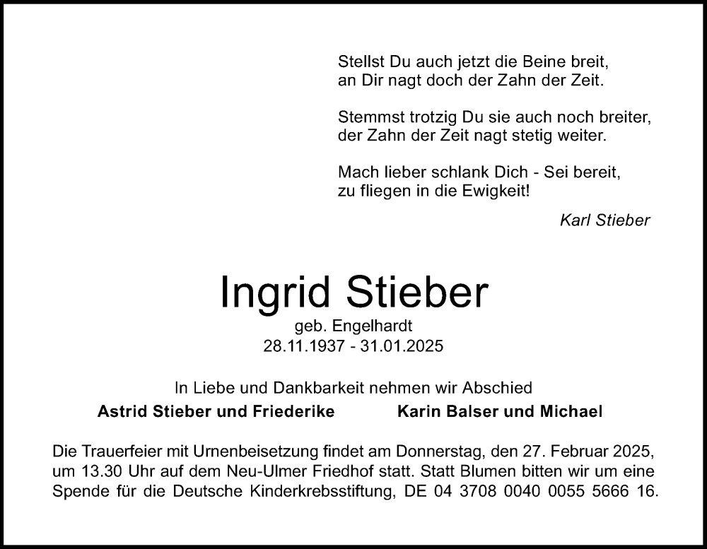  Traueranzeige für Ingrid Stieber vom 22.02.2025 aus SÜDWEST PRESSE Ausgabe Ulm/Neu-Ulm/Neu-Ulmer Zeitung