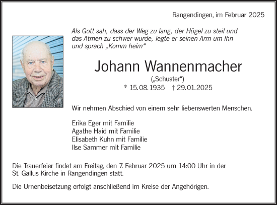 Traueranzeige von Johann Wannenmacher von SÜDWEST PRESSE Zollernalbkreis/Hohenzollerische Zeitung