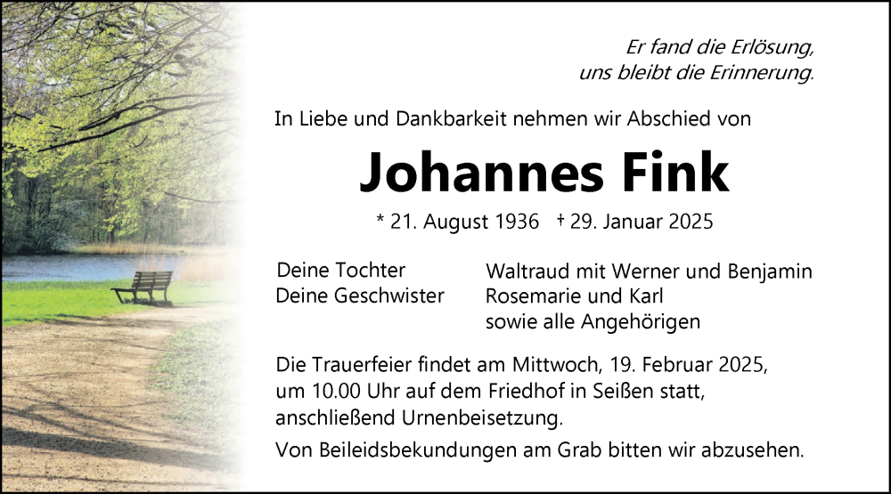  Traueranzeige für Johannes Fink vom 15.02.2025 aus SÜDWEST PRESSE Ausgabe Ulm/Neu-Ulm