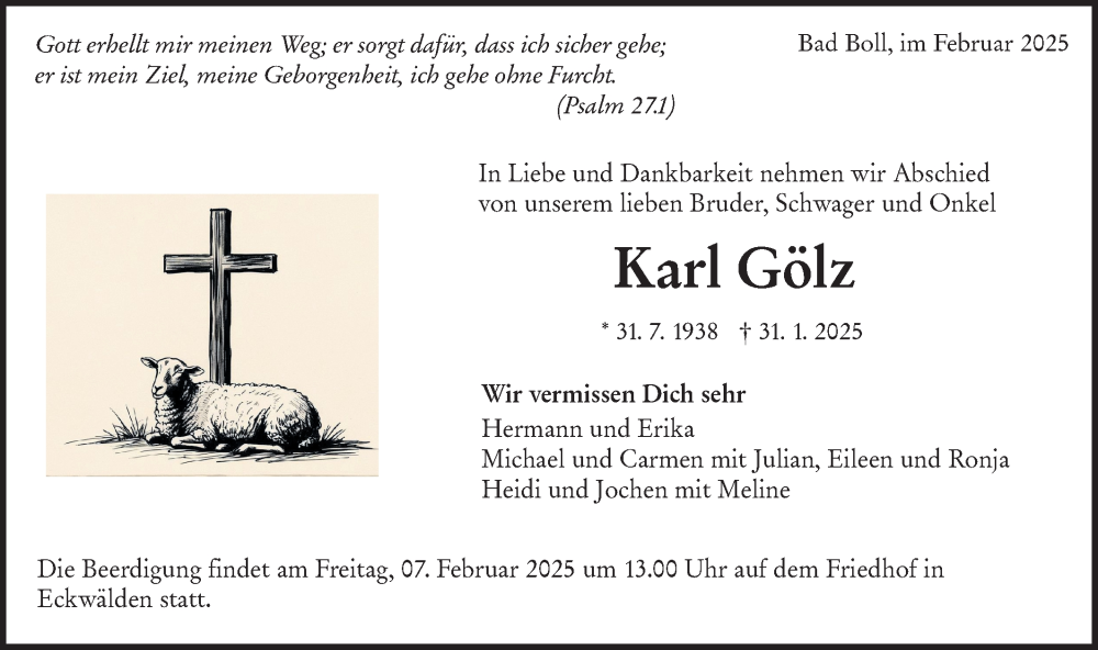  Traueranzeige für Karl Gölz vom 05.02.2025 aus NWZ Neue Württembergische Zeitung