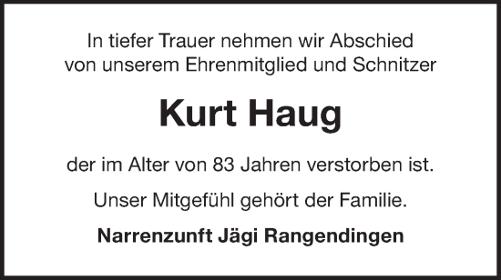 Traueranzeige von Kurt Haug von SÜDWEST PRESSE Zollernalbkreis/Hohenzollerische Zeitung