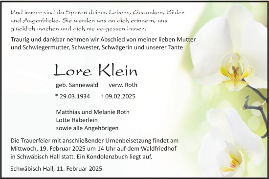 Traueranzeige von Lore Klein von Haller Tagblatt