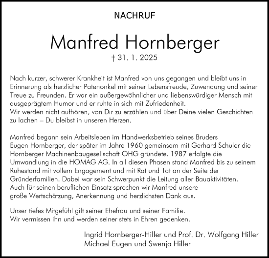 Traueranzeige von Manfred Hornberger von Schwäbische Tagblatt