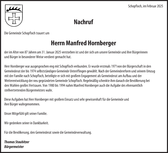Traueranzeige von Manfred Hornberger von Neckar-Chronik