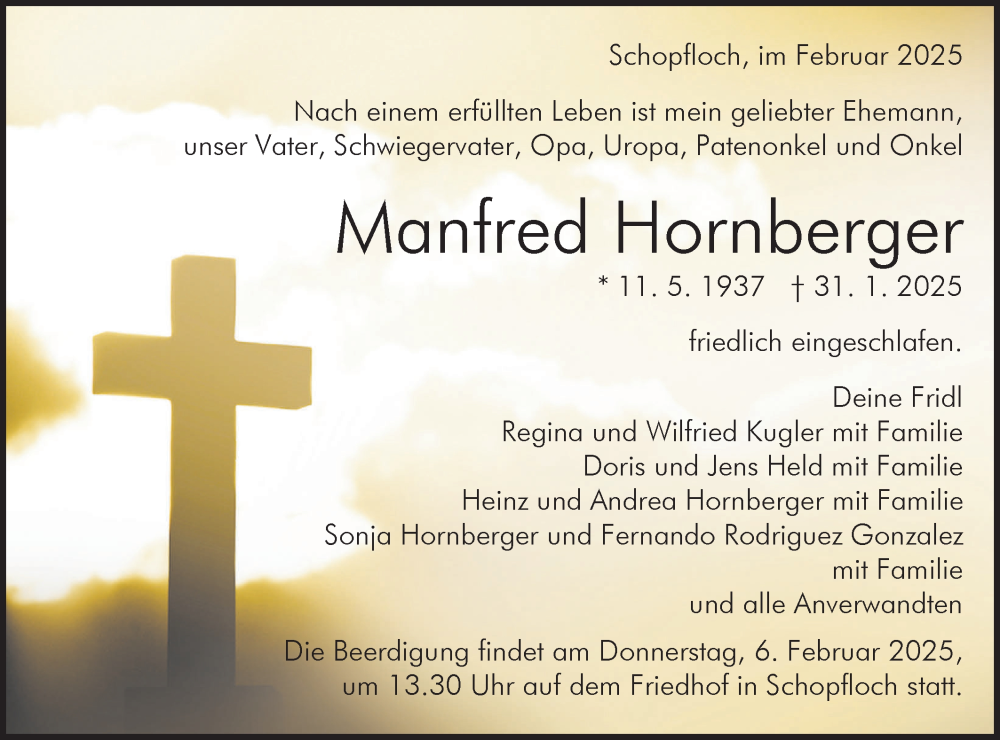  Traueranzeige für Manfred Hornberger vom 04.02.2025 aus Schwäbische Tagblatt