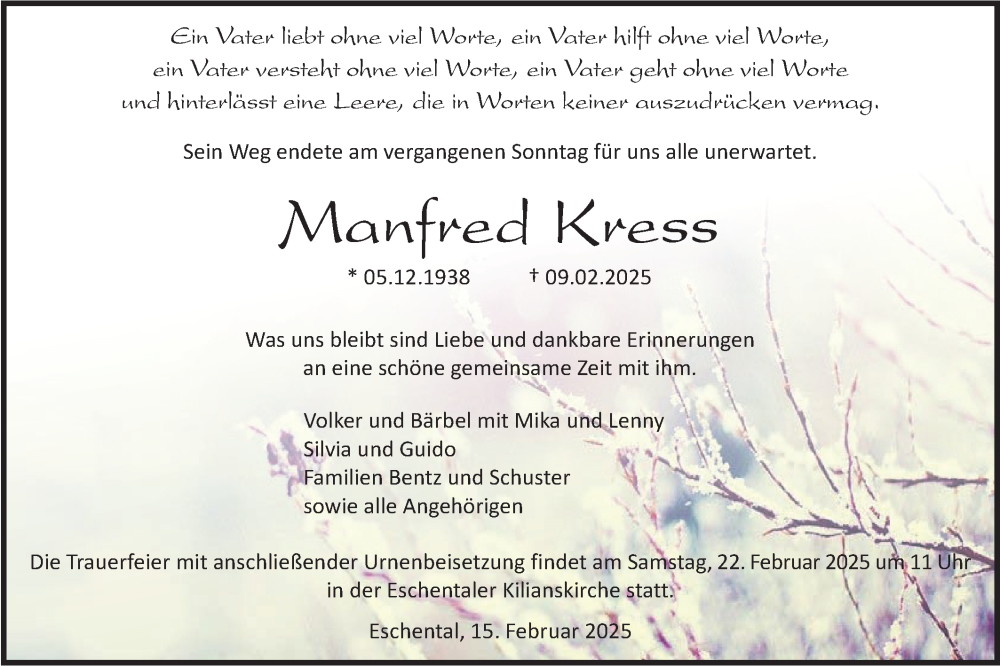  Traueranzeige für Manfred Kress vom 15.02.2025 aus Haller Tagblatt