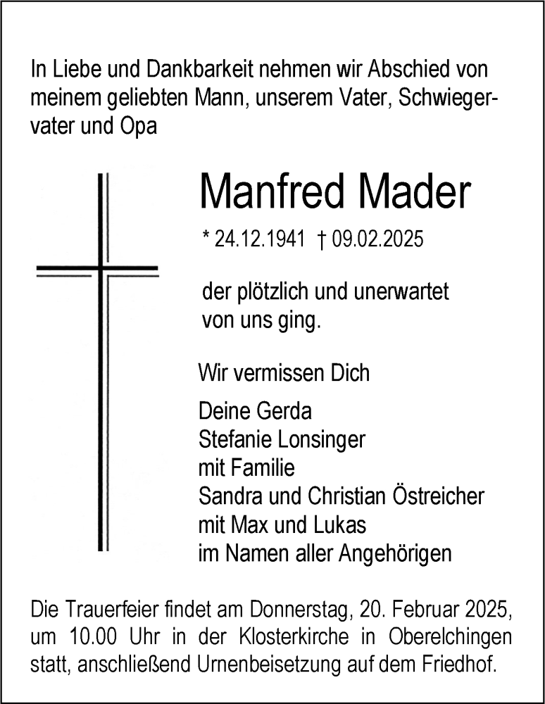  Traueranzeige für Manfred Mader vom 15.02.2025 aus SÜDWEST PRESSE Ausgabe Ulm/Neu-Ulm