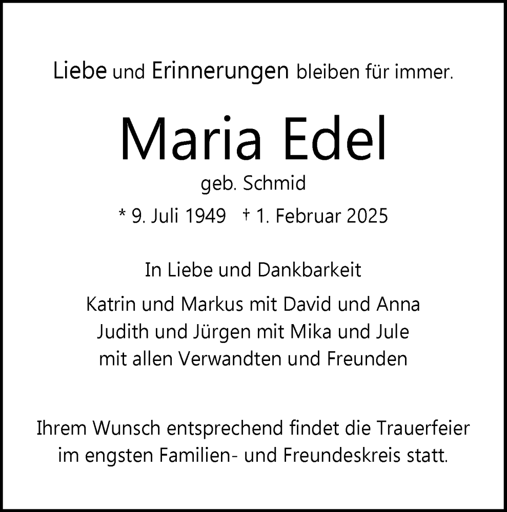  Traueranzeige für Maria Edel vom 12.02.2025 aus SÜDWEST PRESSE Ausgabe Ulm/Neu-Ulm