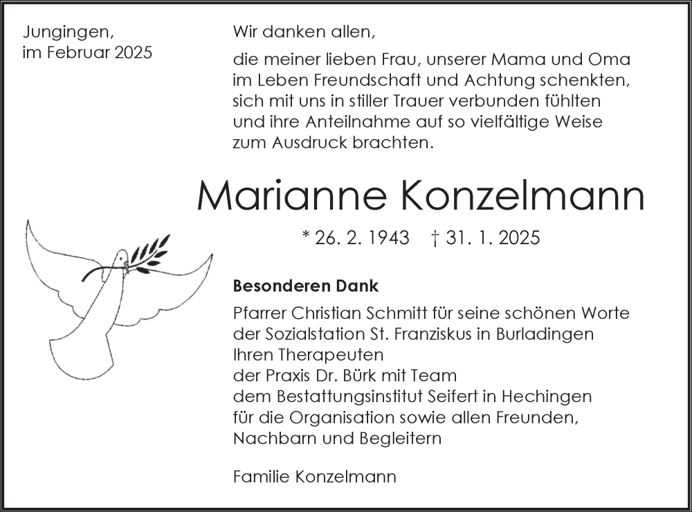  Traueranzeige für Marianne Konzelmann vom 22.02.2025 aus SÜDWEST PRESSE Zollernalbkreis/Hohenzollerische Zeitung