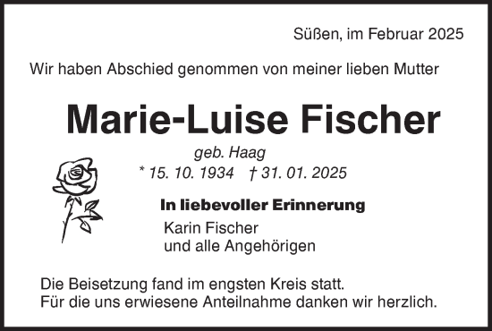Traueranzeige von Marie-Luise Fischer von NWZ Neue Württembergische Zeitung