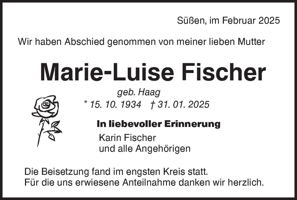  Traueranzeige für Marie-Luise Fischer vom 19.02.2025 aus NWZ Neue Württembergische Zeitung