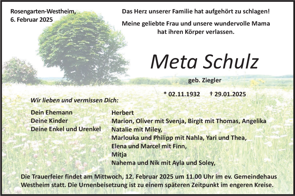  Traueranzeige für Meta Schulz vom 06.02.2025 aus Haller Tagblatt