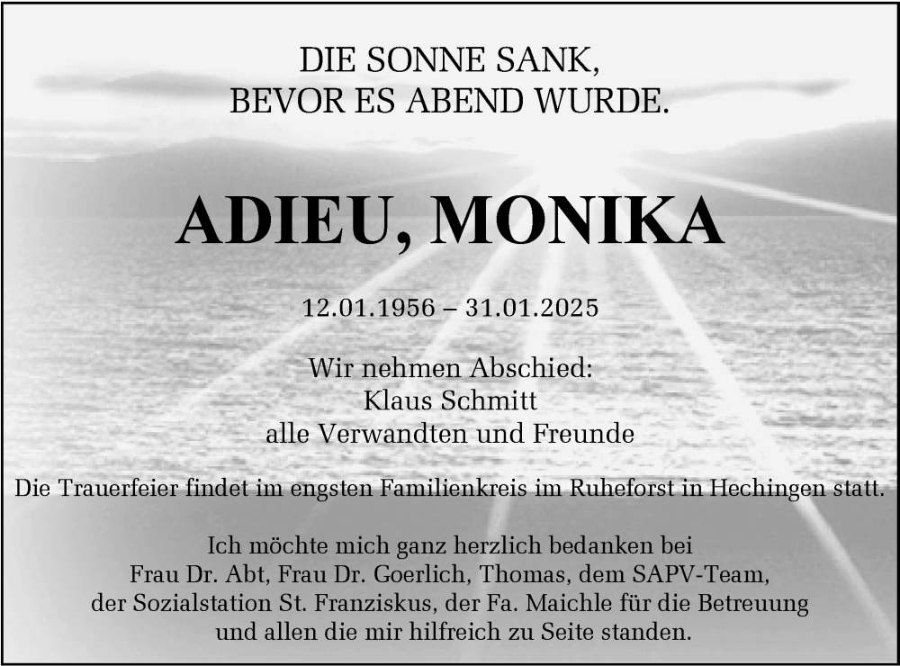  Traueranzeige für Monika Schmitt vom 05.02.2025 aus SÜDWEST PRESSE Zollernalbkreis/Hohenzollerische Zeitung