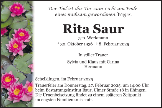 Traueranzeige von Rita Saur von Ehinger Tagblatt