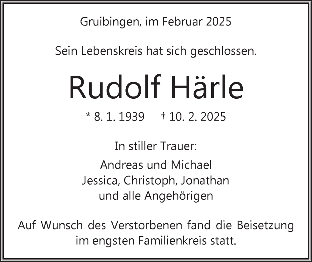  Traueranzeige für Rudolf Härle vom 20.02.2025 aus NWZ Neue Württembergische Zeitung