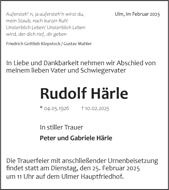Traueranzeige von Rudolf Härle von SÜDWEST PRESSE Ausgabe Ulm/Neu-Ulm