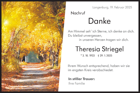 Traueranzeige von Theresia Striegel von Hohenloher Tagblatt