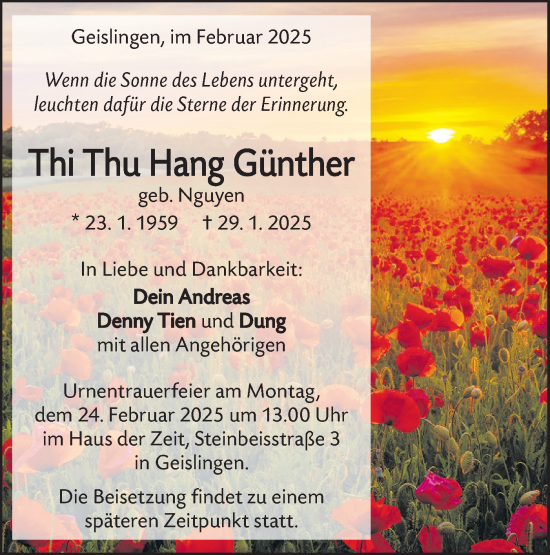 Traueranzeige von Thi Thu Hang Günther von Geislinger Zeitung