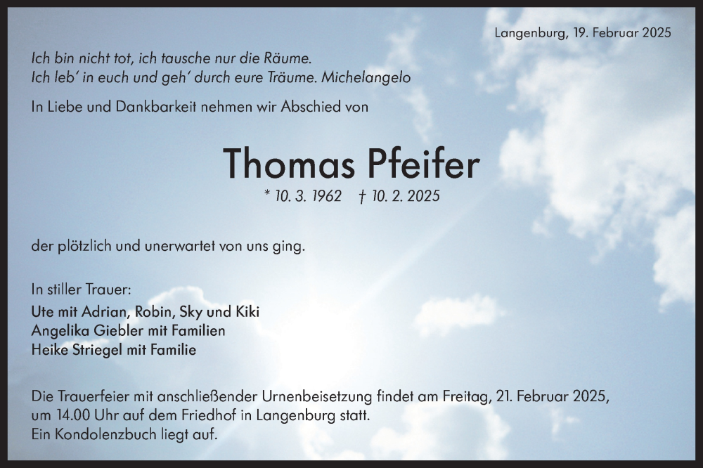  Traueranzeige für Thomas Pfeifer vom 19.02.2025 aus Hohenloher Tagblatt