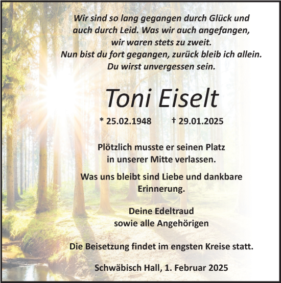 Traueranzeige von Toni Eiselt von Haller Tagblatt