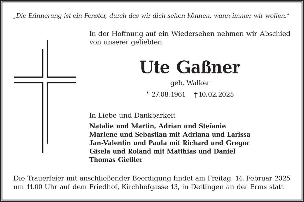  Traueranzeige für Ute Gaßner vom 12.02.2025 aus Alb-Bote/Metzinger-Uracher Volksblatt
