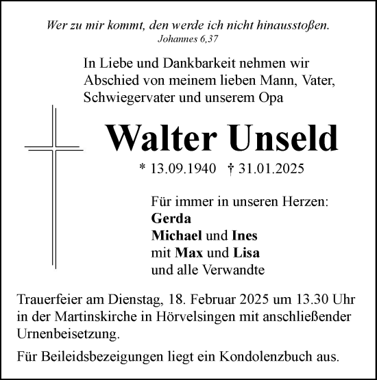Traueranzeige von Walter Unseld von SÜDWEST PRESSE Ausgabe Ulm/Neu-Ulm