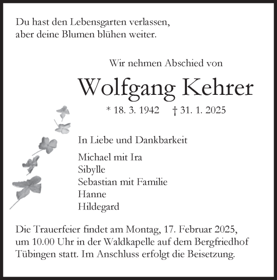 Traueranzeige von Wolfgang Kehrer von Schwäbische Tagblatt