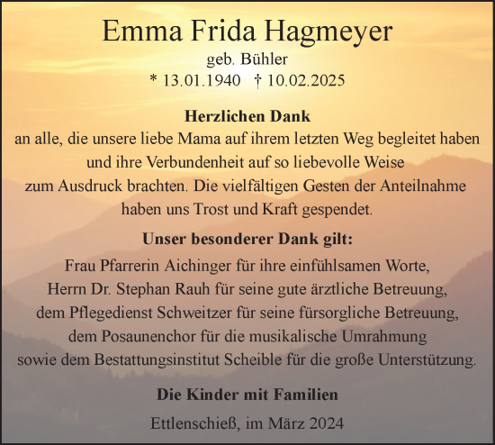 Traueranzeige von Emma Frida Hagmeyer von SÜDWEST PRESSE Ausgabe Ulm/Neu-Ulm