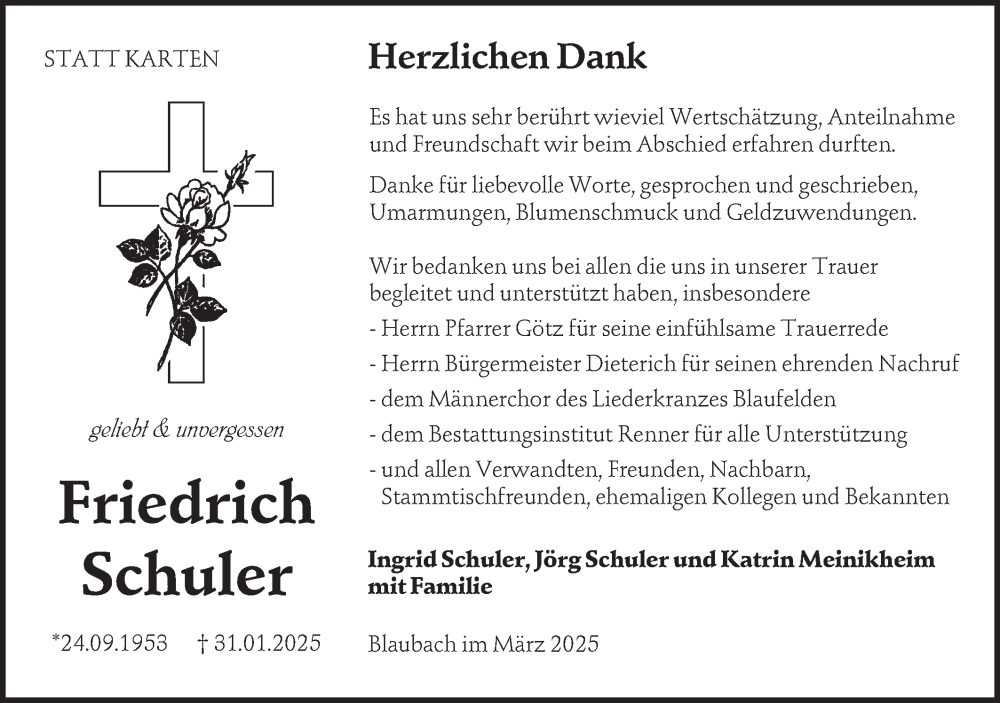  Traueranzeige für Friedrich Schuler vom 08.03.2025 aus Hohenloher Tagblatt
