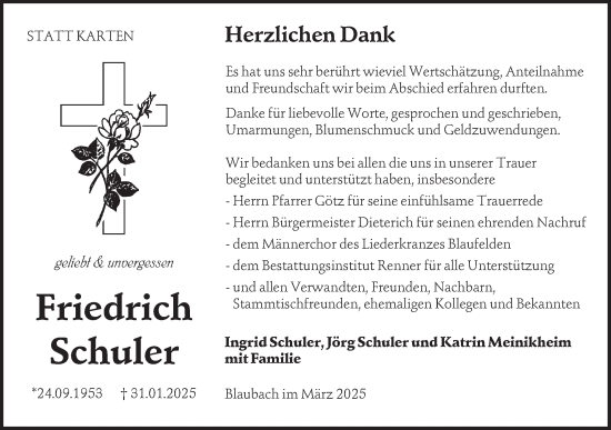 Traueranzeige von Friedrich Schuler von Hohenloher Tagblatt