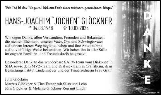 Traueranzeige von Hans-Joachim Glöckner von Hohenloher Tagblatt