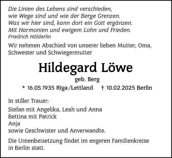 Traueranzeige von Hildegard Löwe von Schwäbische Tagblatt