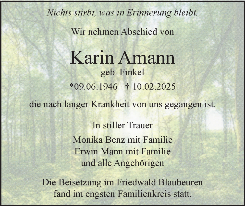  Traueranzeige für Karin Amann vom 15.03.2025 aus SÜDWEST PRESSE Ausgabe Ulm/Neu-Ulm