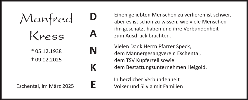  Traueranzeige für Manfred Kress vom 15.03.2025 aus Haller Tagblatt