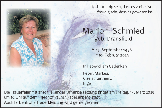 Traueranzeige von Marion Schmied von SÜDWEST PRESSE Ausgabe Ulm/Neu-Ulm/Neu-Ulmer Zeitung