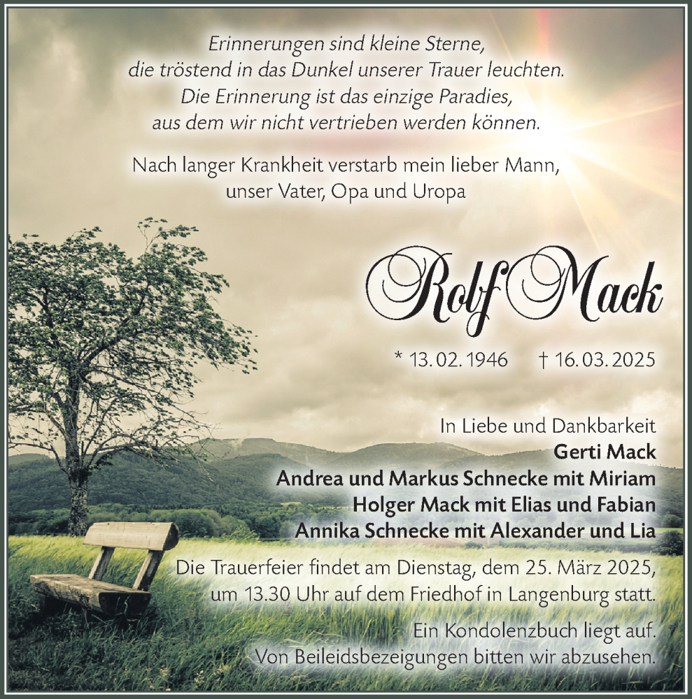  Traueranzeige für Rolf Mack vom 22.03.2025 aus Hohenloher Tagblatt