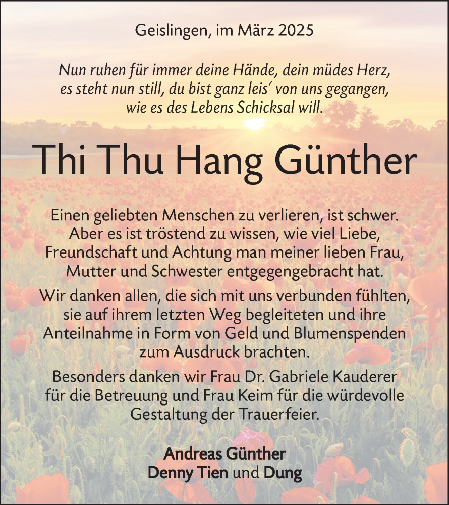  Traueranzeige für Thi Thu Hang Günther vom 07.03.2025 aus Geislinger Zeitung