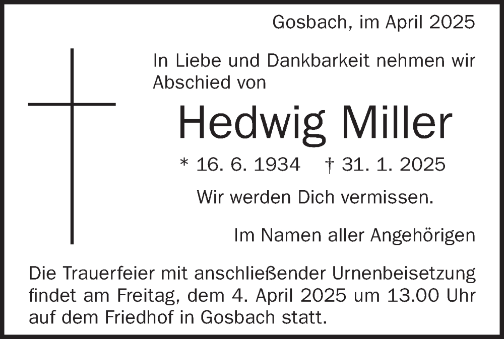  Traueranzeige für Hedwig Miller vom 01.04.2025 aus Südwest Presse Trauer