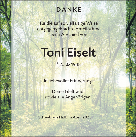 Traueranzeige von Toni Eiselt von Haller Tagblatt