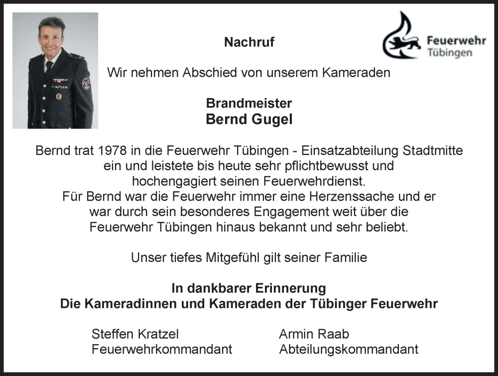  Traueranzeige für Bernd Gugel vom 17.07.2025 aus Schwäbische Tagblatt