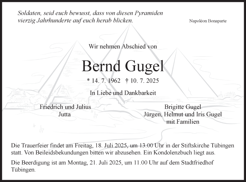  Traueranzeige für Bernd Gugel vom 15.07.2025 aus Schwäbische Tagblatt