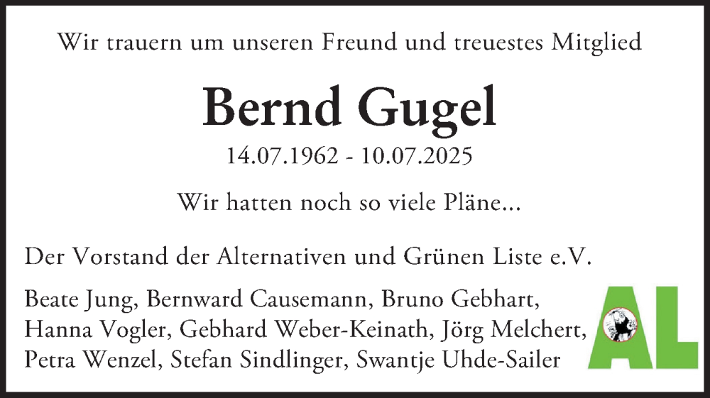  Traueranzeige für Bernd Gugel vom 15.07.2025 aus Schwäbische Tagblatt