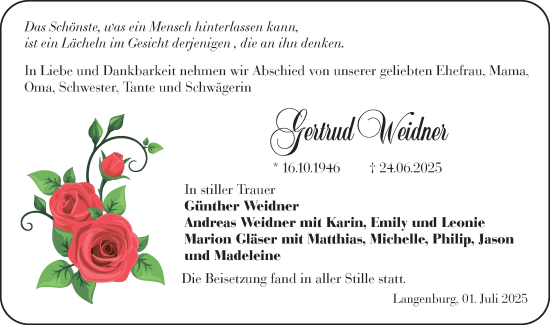 Traueranzeige von Gertrud Weidner von Hohenloher Tagblatt